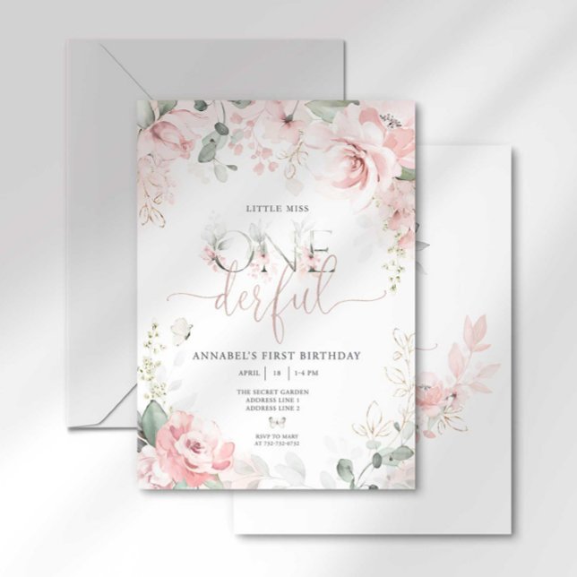 Convite Floral Rosa Little Miss Onederful (Criador carregado)