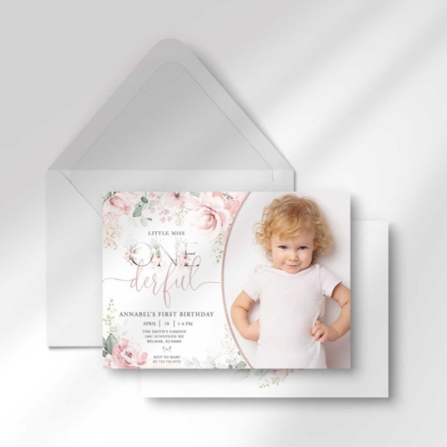 Convite Floral Rosa Little Miss Onederful (Criador carregado)