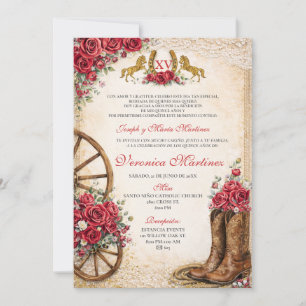 Convite Floral Rosa Ocidental Rústico Quinceañera Mexicano