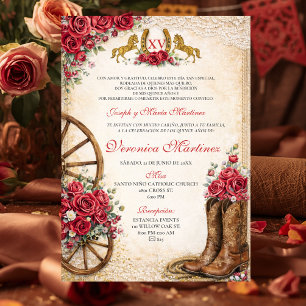 Convite Floral Rosa Ocidental Rústico Quinceañera Mexicano