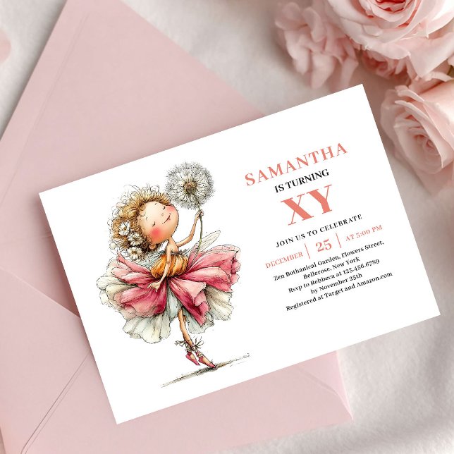 Convite Floral Rosa para 4º Aniversário da Doce Me (Sweet Fairy Girl 4th Birthday Pink Floral invitation)