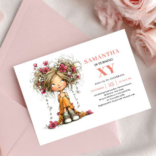 Convite Floral Rosa para o 4º Aniversário da Garot