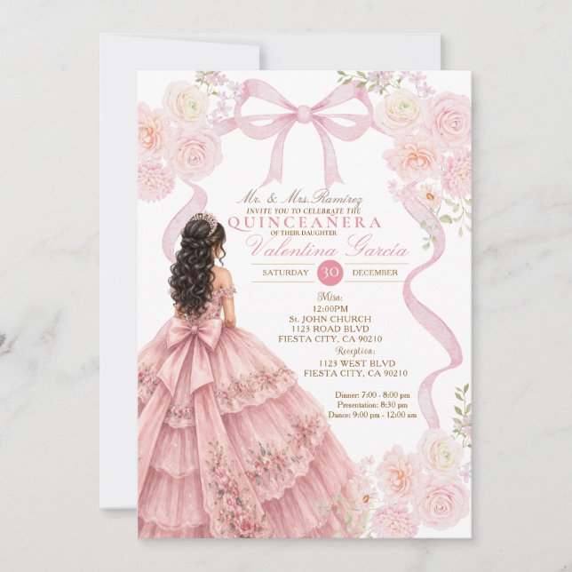 Convite Floral Rosa para Quince Anos (Frente)