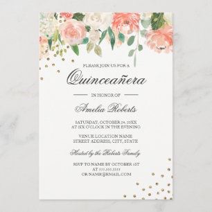 Convite Floral Rosa Pêssego Aquarela Quinceanera