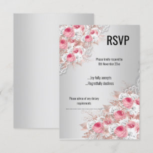 Convite Floral Rosa Prateado LACE ELEGANTES MODERNAS RSVP