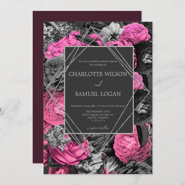 Convite Floral Rosa Preto | Modern Chic Floral Wedding Inv (Frente/Verso)