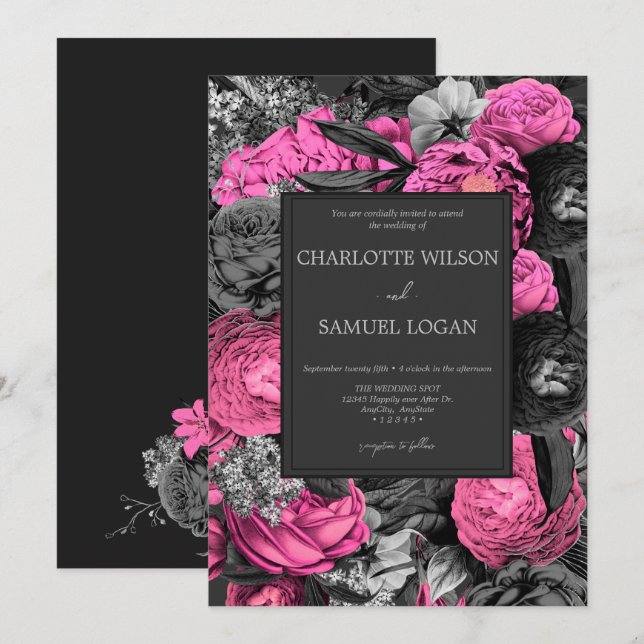 Convite Floral Rosa Preto | Modern Chic Floral Wedding Inv (Frente/Verso)