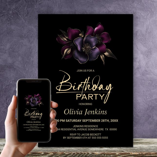 Convite Floral Rosa Púrpura Preto, qualquer Festa de anive (Criador carregado)