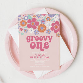 Convite Floral Rosa Retro Groovy One