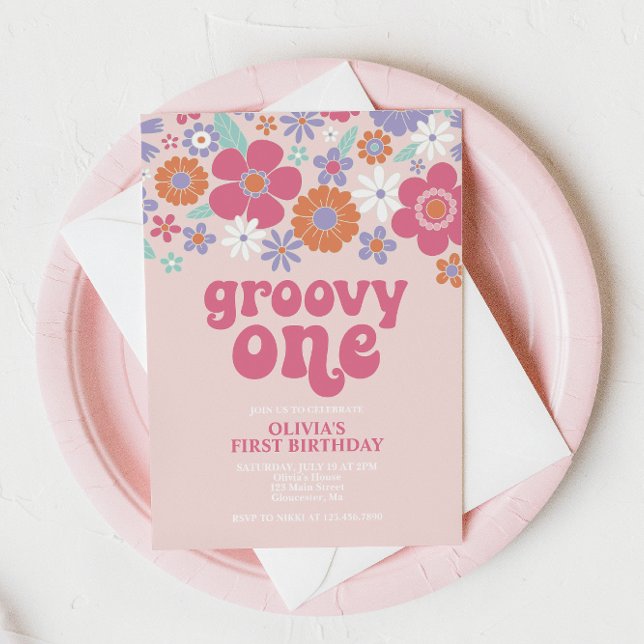 Convite Floral Rosa Retro Groovy One (Criador carregado)