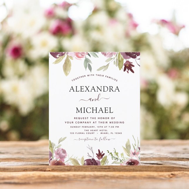 Convite Floral Rosa Rosa De Burgundy De Casamento  (Criador carregado)
