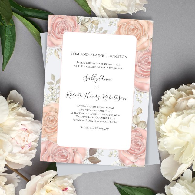 Convite Floral Rosa-Rosa-Esbranquiçado Azul-Elegante (Beautiful light blue and blush pink floral wedding invitation template.)