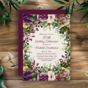 Convite Floral Rosa Roxo Folhas Verdes Aniversário de 80 a