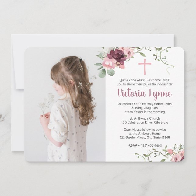 Convite Floral Rosa Suave da Primeira Comunhão com Foto (Frente)