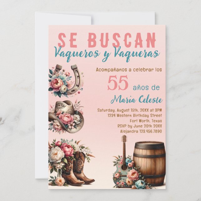 Convite Floral Rosa Vaquero Espanhol do Oeste Aniversário  (Frente)