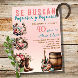 Convite Floral Rosa Vaquero Espanhol do Oeste Aniversário 