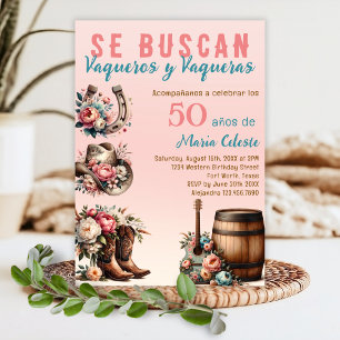 Convite Floral Rosa Vaquero Espanhol do Oeste Aniversário