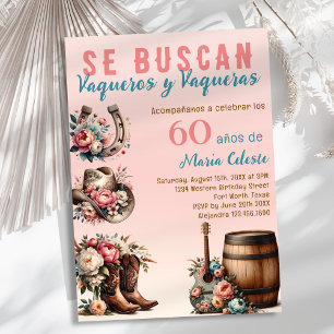 Convite Floral Rosa Vaquero Espanhol do Oeste Aniversário