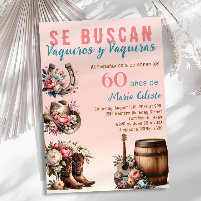 Convite Floral Rosa Vaquero Espanhol do Oeste Aniversário  (Criador carregado)