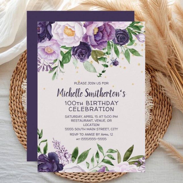 Convite Floral Roxo - 100º Aniversário (Purple watercolor floral women's 100th birthday party invitation)