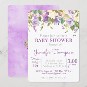 Convite floral roxo do chá de fraldas da menina