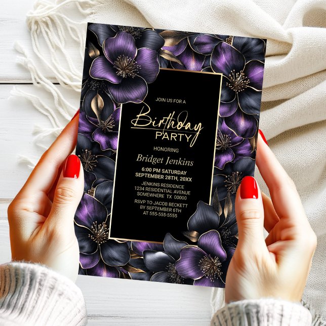 Convite Floral roxo e Cinza qualquer Festa de aniversário  (Criador carregado)