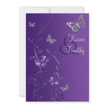 Floral roxo e de prata com borboletas convida