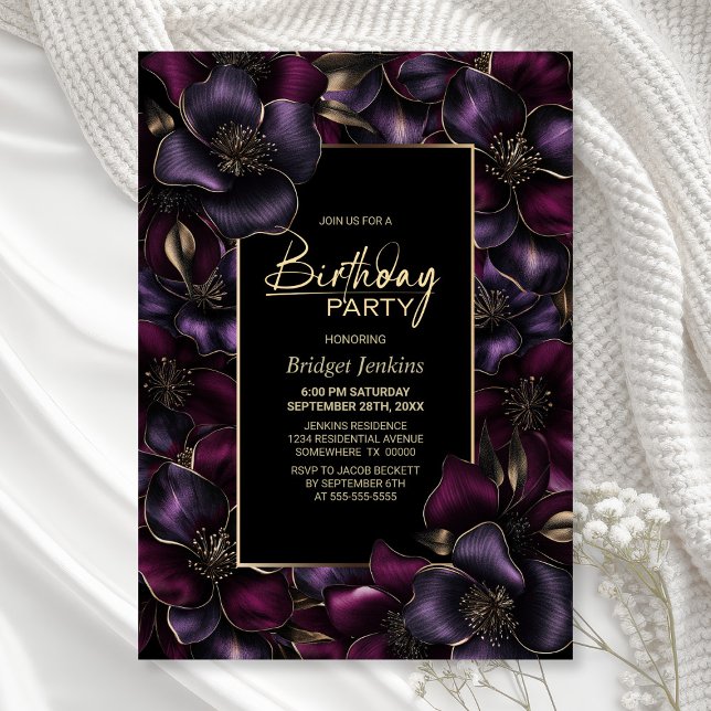 Convite Floral roxo e rosa qualquer Festa de aniversário e (Criador carregado)