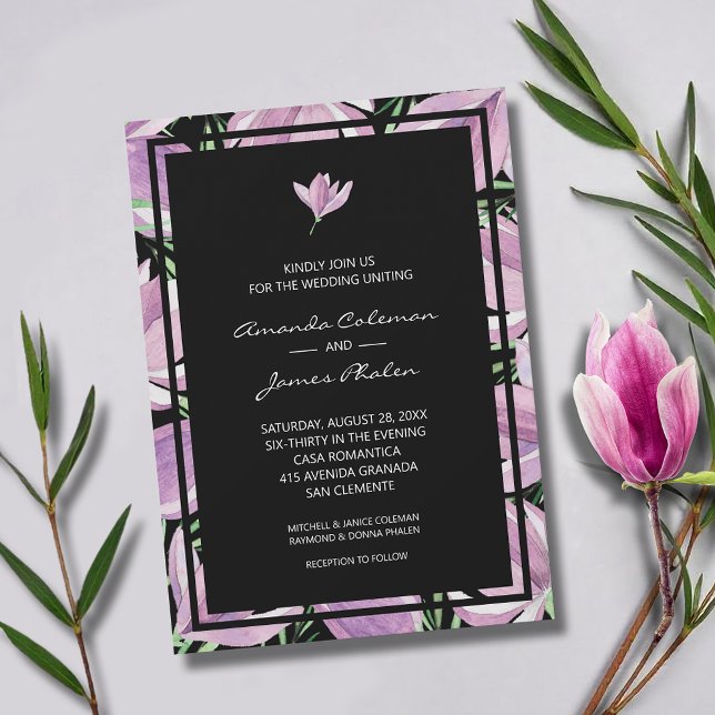 Convite Floral Roxo Elegante no Casamento Negro (Elegant purple and white magnolias square wedding invitations - INSTANT DOWNLOAD and/or PRINTED)