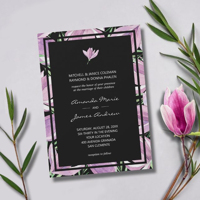 Convite Floral Roxo Elegante no Casamento Negro (Elegant purple and white magnolia border wedding invitations - INSTANT DOWNLOAD and/or PRINTED)