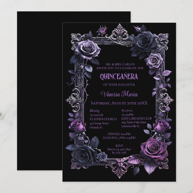 Convite Floral Roxo Gótico de Halloween Quinceaner (Frente/Verso)