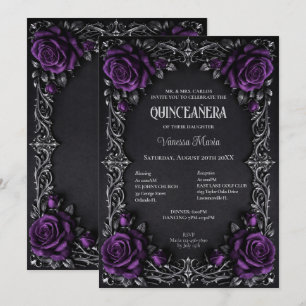 Convite Floral Roxo Gótico de Halloween Quinceaner