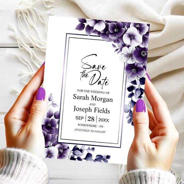 Convite Floral Roxo Moderno Salvar a Data (Criador carregado)