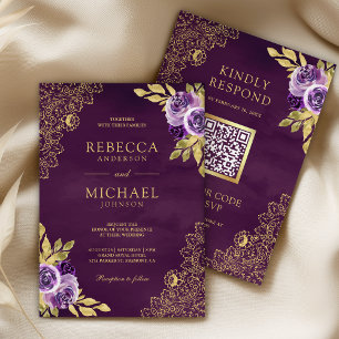 Convite Floral Roxo Sujo Código QR de Renda Dourada Casame