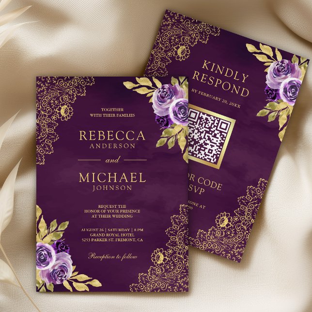 Convite Floral Roxo Sujo Código QR de Renda Dourada Casame (Criador carregado)