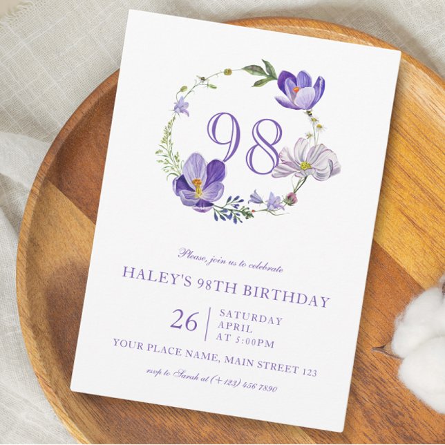 Convite Floral Roxo Vintage 98º Aniversário (Criador carregado)