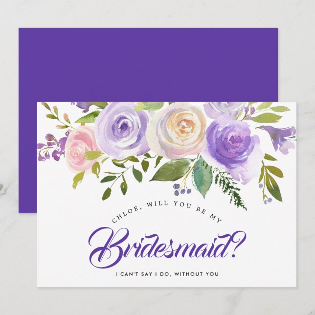 Convite Floral Roxo Você Será Minha Carta De Bridesmaid (Frente/Verso)