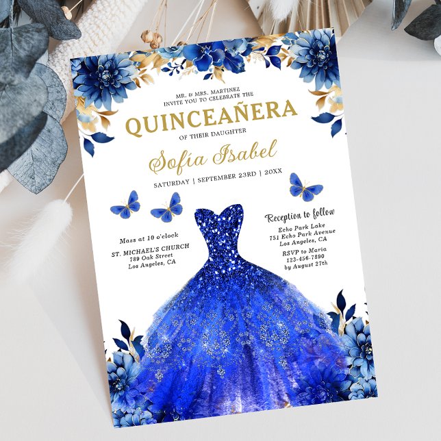 Convite Floral Royal Blue Bilingual Espanhol Quinceanera (Criador carregado)