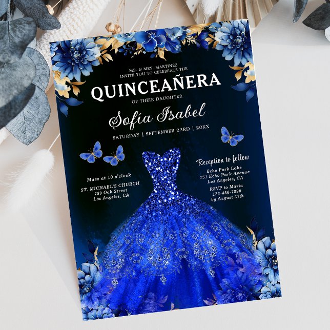 Convite Floral Royal Blue Bilingual Espanhol Quinceanera (Criador carregado)