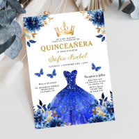 Floral Royal Blue Bilingual Espanhol Quinceanera