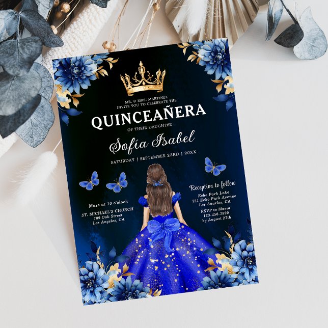 Convite Floral Royal Blue Bilingual Espanhol Quinceanera (Criador carregado)