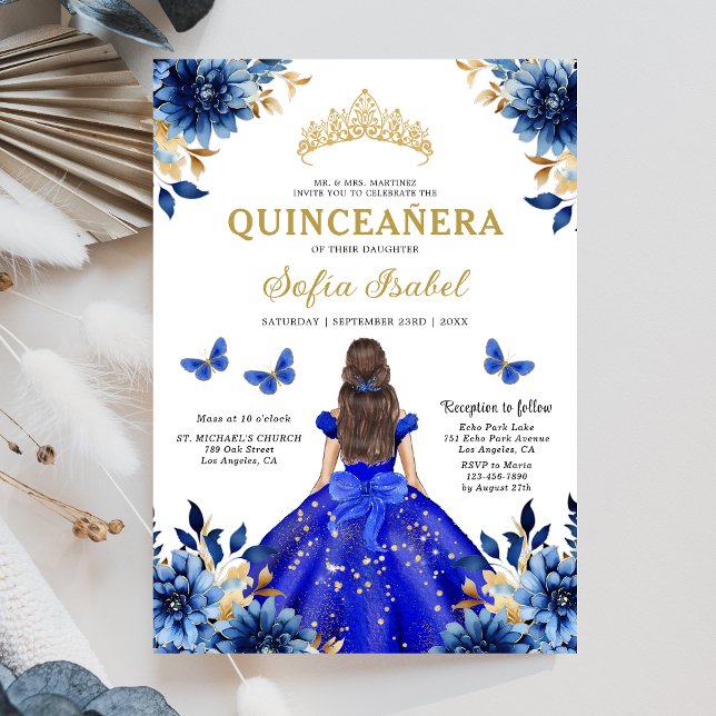 Convite Floral Royal Blue Bilingual Espanhol Quinceanera (Criador carregado)