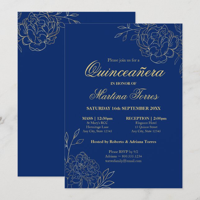 Convite Floral Royal Blue Fine Art Quinceanera (Frente/Verso)