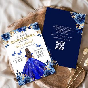 Convite Floral Royal Blue QR Code Princesa Quinceanera