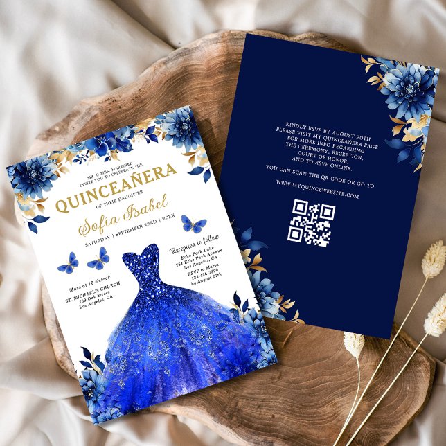 Convite Floral Royal Blue QR Code Princesa Quinceanera (Criador carregado)