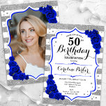 Convite Floral Royal Blue Silver Foto 50º Aniversário<br><div class="desc">Elegante, floral, 50º aniversário feminino com sua foto no final do cartão. Glam branco, design azul real com prata brilhante falso. Apresenta faixas, rosas azuis safiras, fonte de script e confetti. Perfeito para uma festa de comemoração de na moda adulto. Personalize com seus próprios detalhes. Pode ser personalizado para qualquer...</div>