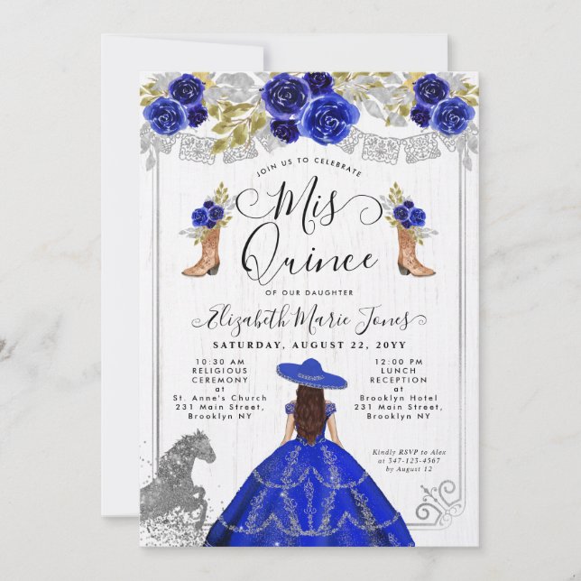 Convite Floral Royal Blue Silver Horse Charra Quinceanera (Frente)