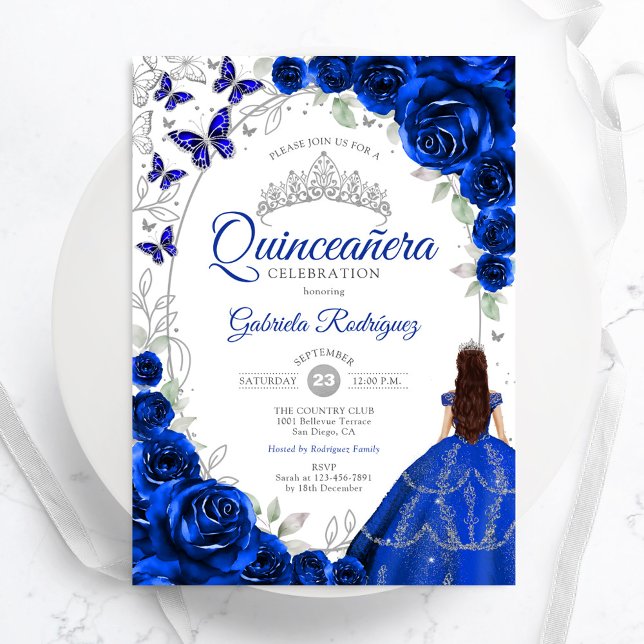 Convite Floral Royal Blue Silver Quinceanera (Criador carregado)
