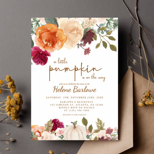 Convite Floral Russo Pequeno Chá de fraldas Pumpkin Boho (Floral Rustic Little Pumpkin Boho Baby Shower Invitation)