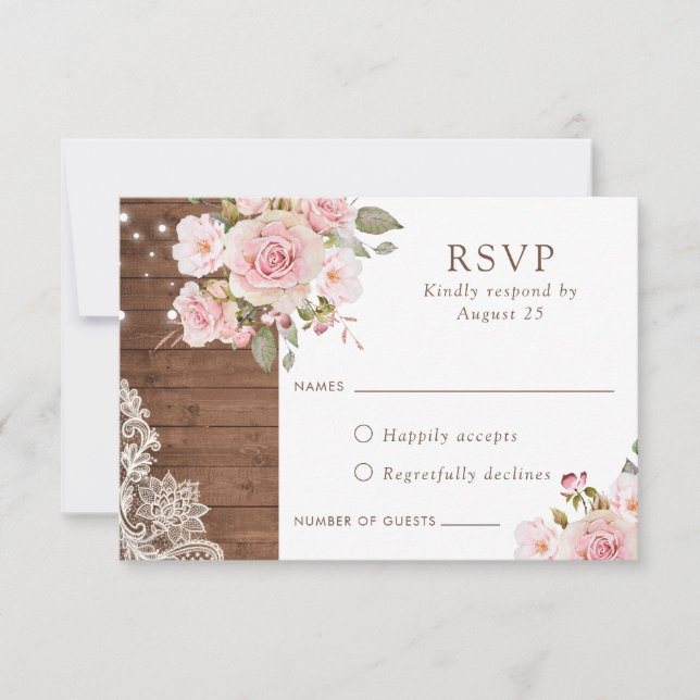 Convite Floral Russo Wood Blush Rosas String Luzes RSVP (Frente)